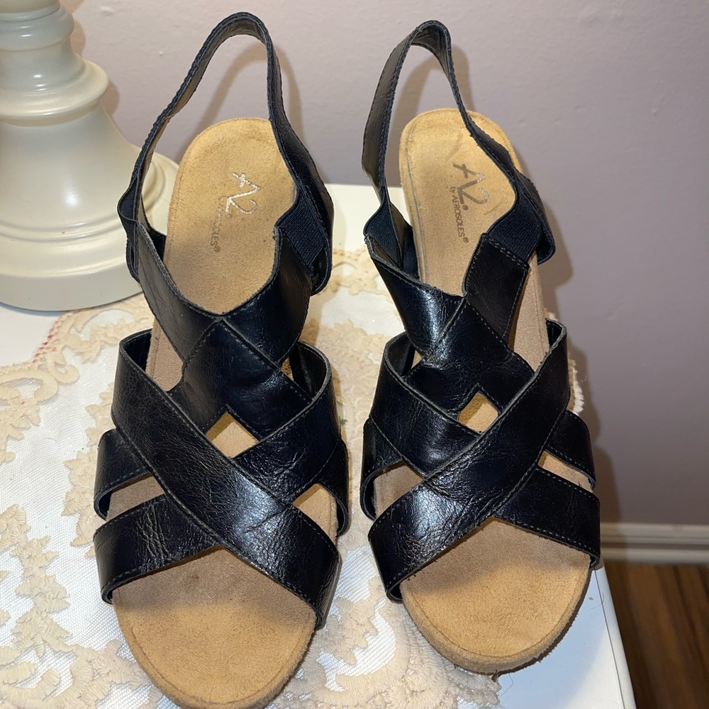 A2 by Aerosoles Women's Black Strappy Wedge Sandals Size 9.5